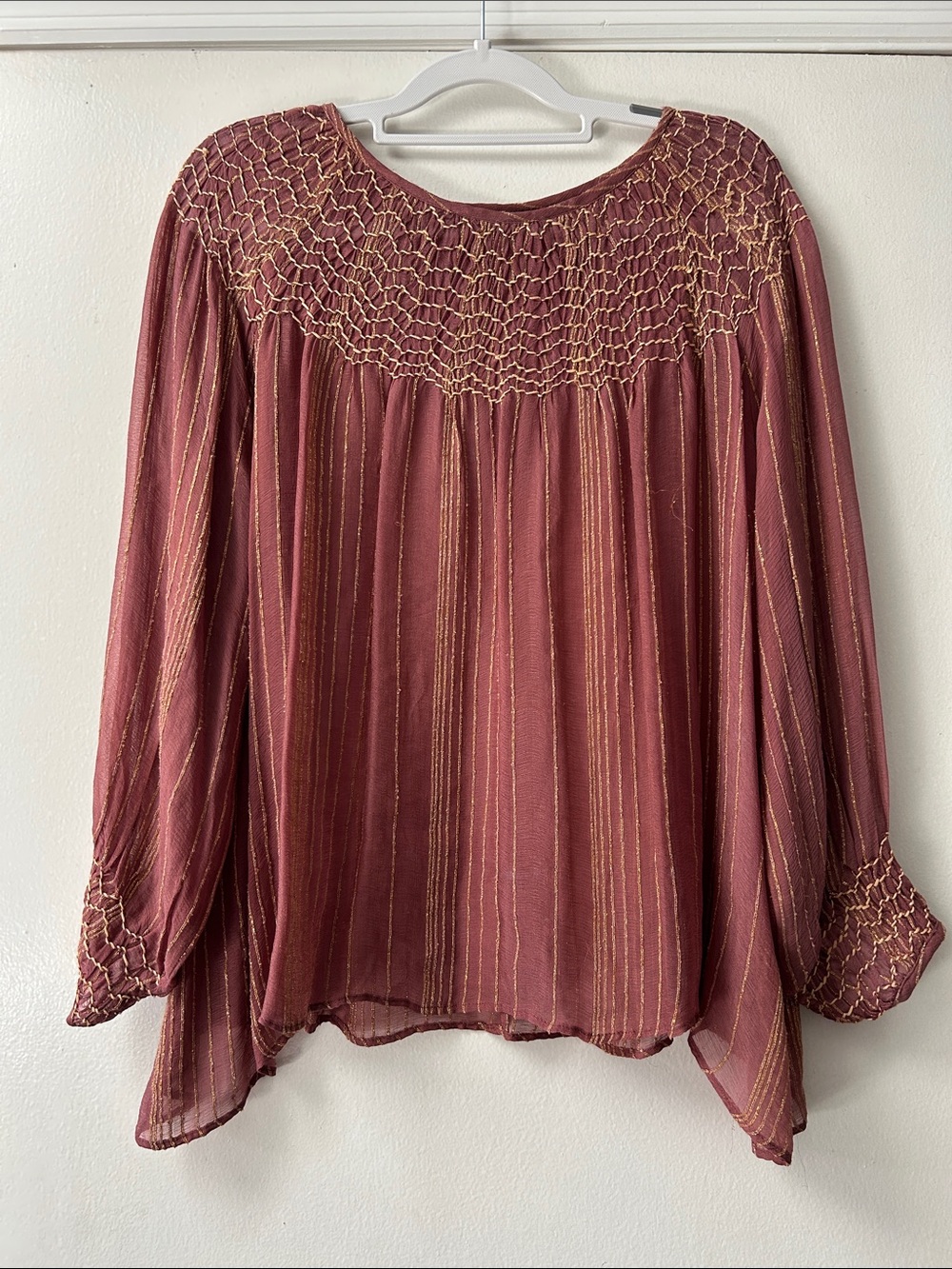 Love Sam Metallic-Striped Smocked Yoke Blouse - Dusty Rose with Gold